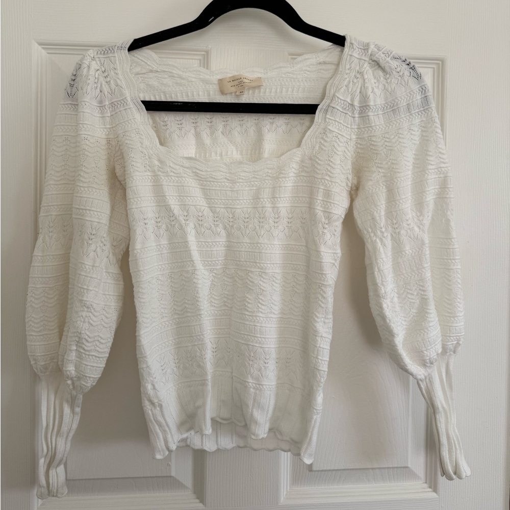 Sezane Scoop-neck Scalloped Knit Long Sleeve Blouse SZ XS